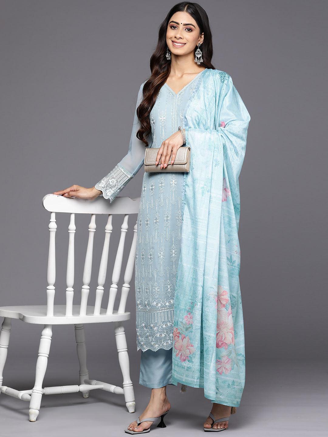 Blue Embroidered Georgette Straight Suit Set With Trousers