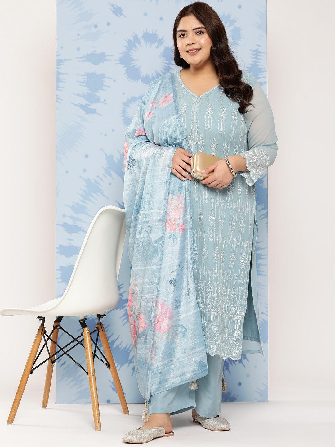 Blue Embroidered Georgette Straight Kurta With Trousers and Dupatta