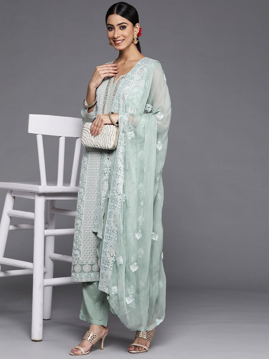 Blue Embroidered Poly Georgette Straight Suit Set