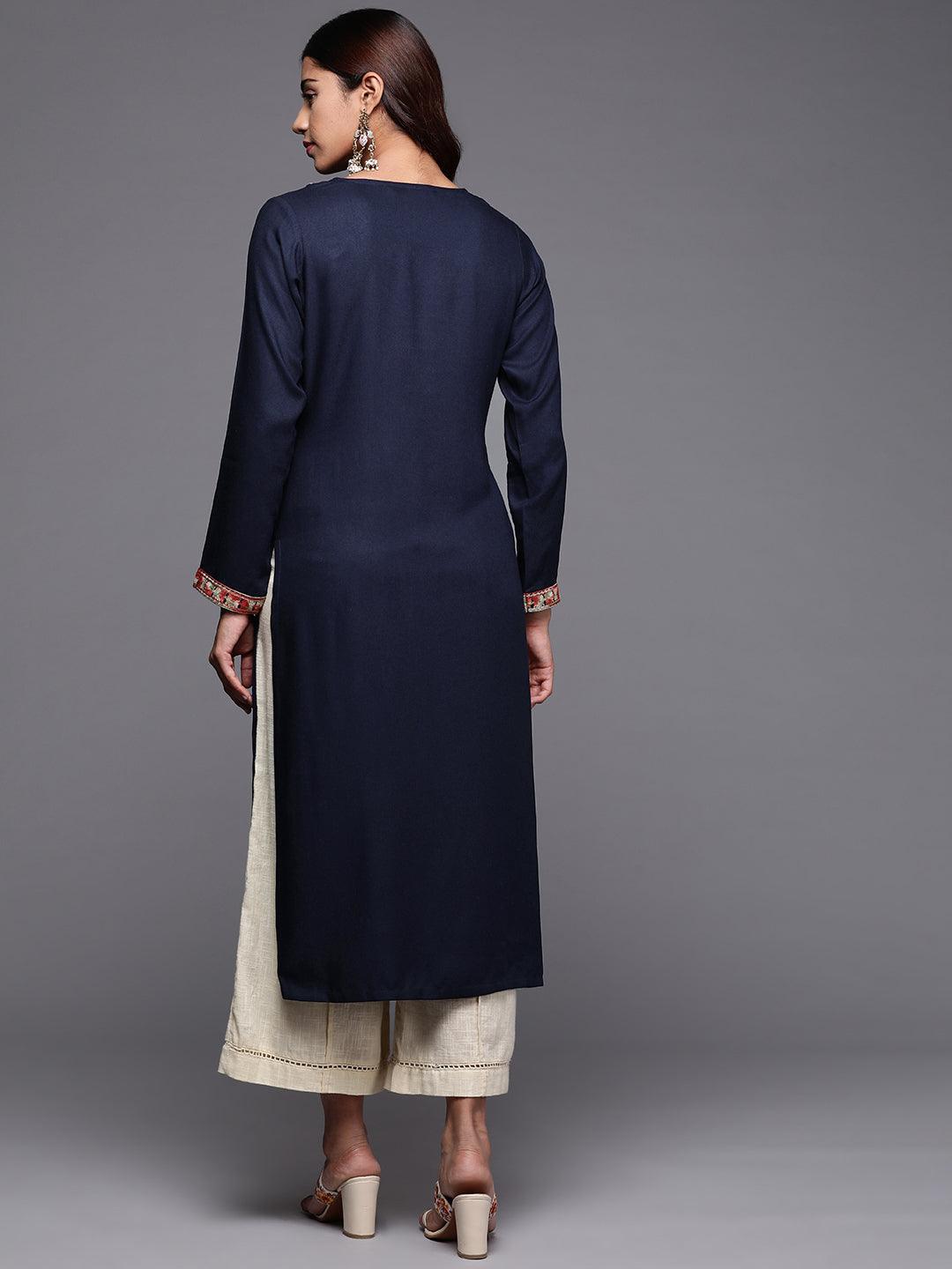 Blue Embroidered Pashmina Wool Straight Kurta - Libas