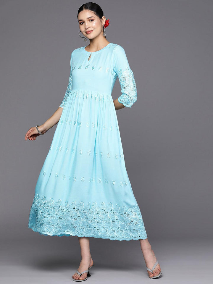 Blue Embroidered Rayon Fit and Flare Dress - ShopLibas