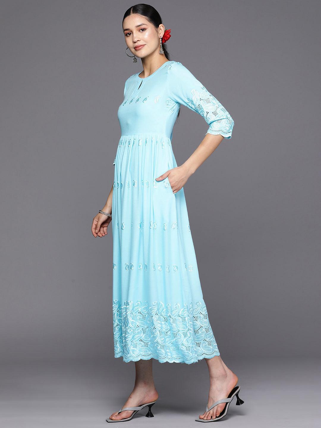 Blue Embroidered Rayon Fit and Flare Dress