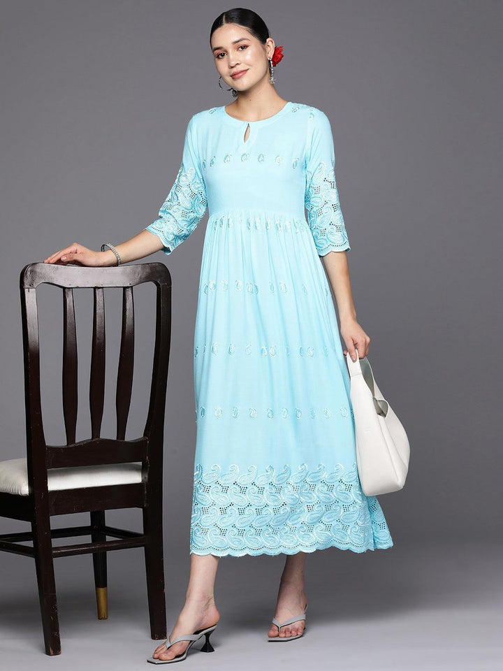 Blue Embroidered Rayon Fit and Flare Dress - ShopLibas