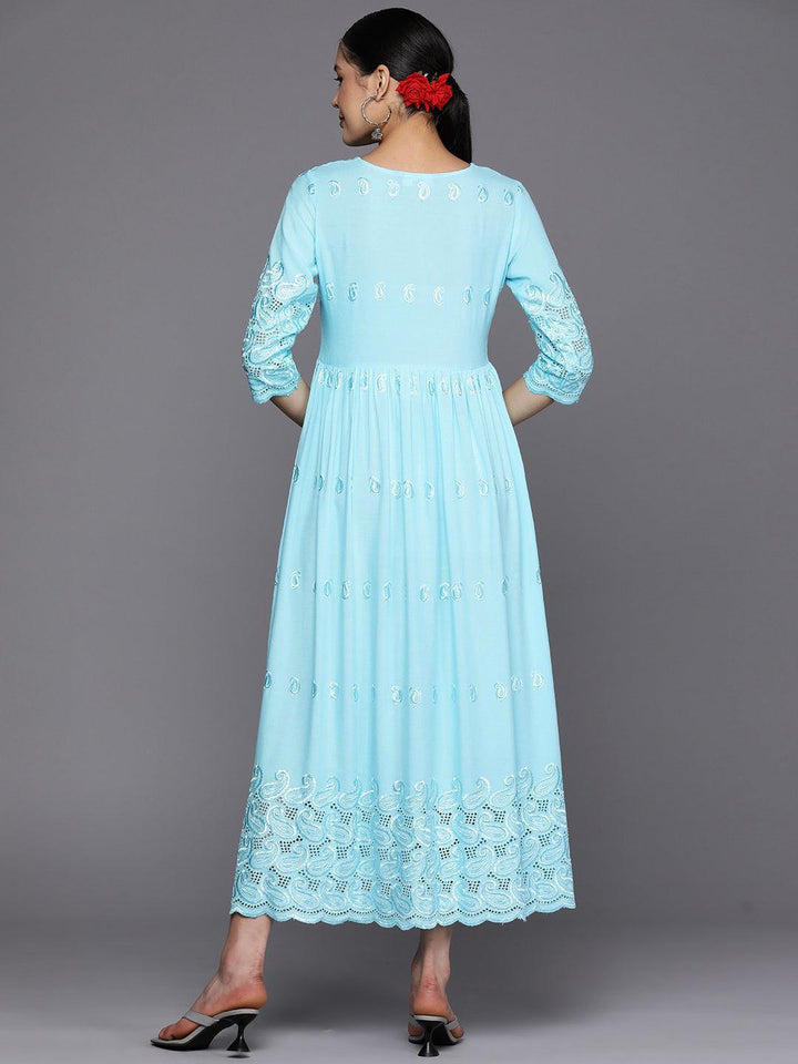 Blue Embroidered Rayon Fit and Flare Dress - ShopLibas