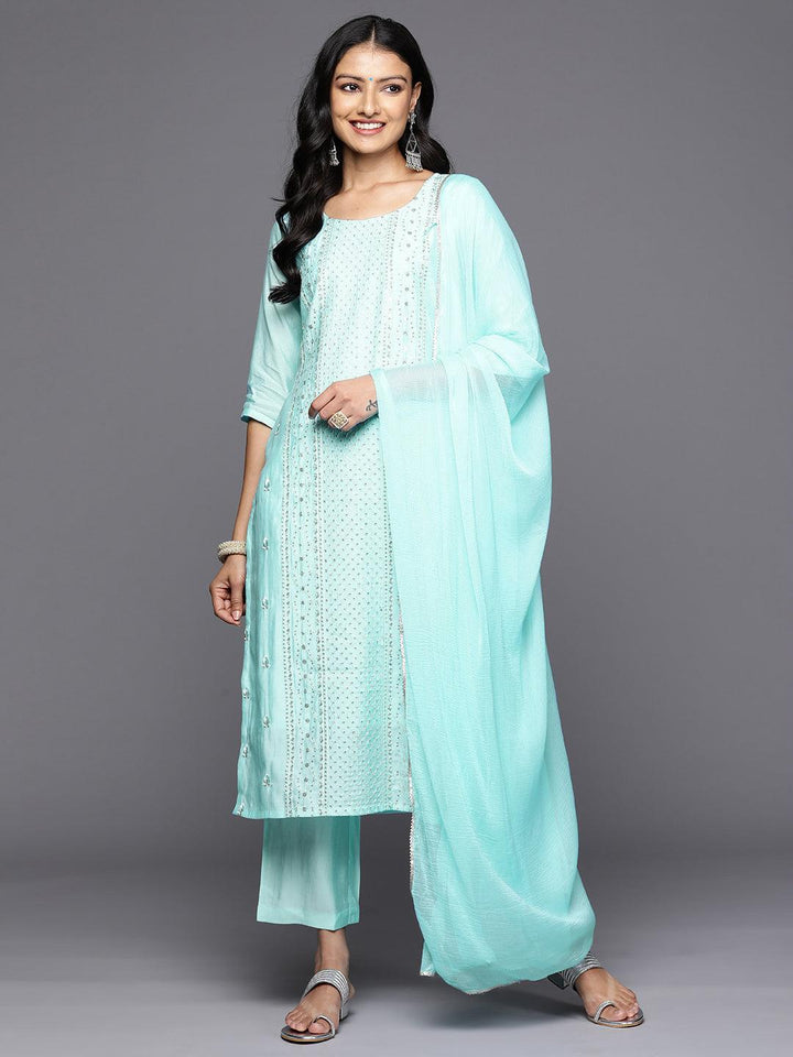 Blue Embroidered Silk Blend Straight Kurta With Trousers & Dupatta - Libas