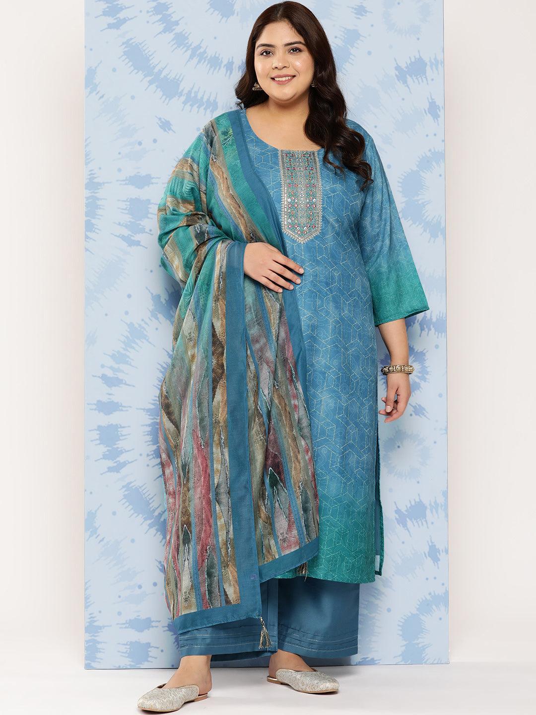 Blue Embroidered Silk Blend Straight Kurta With Trousers and Dupatta - Libas