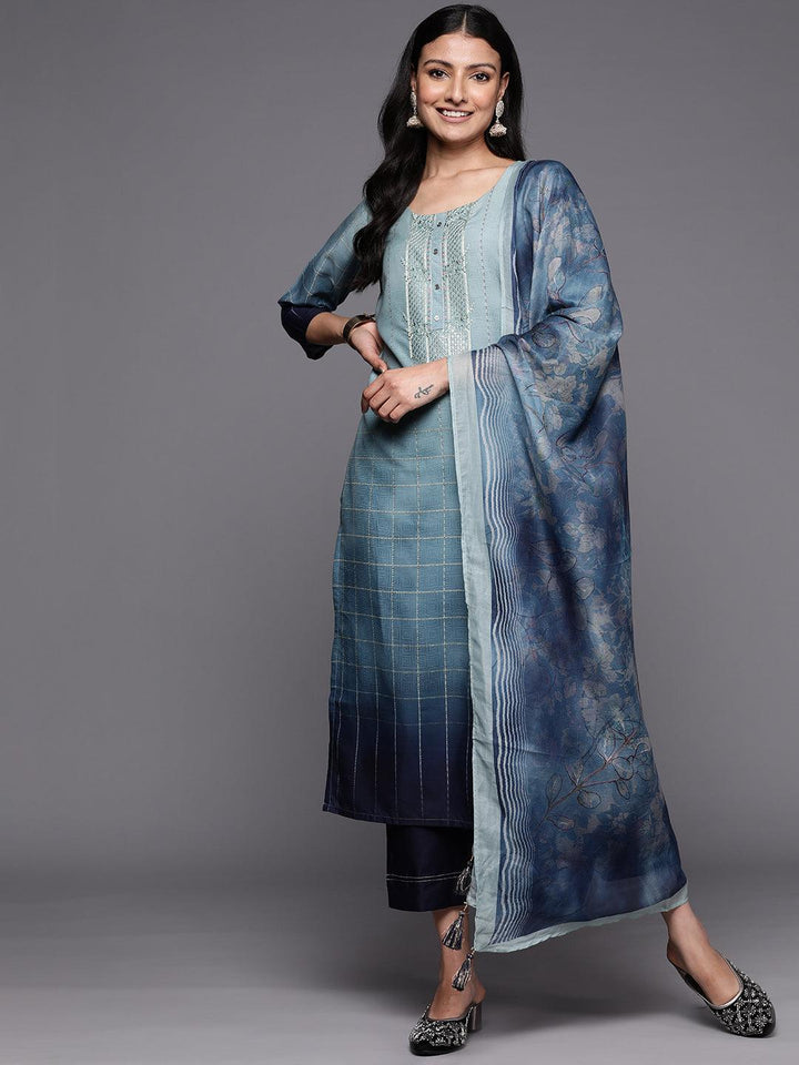 Blue Embroidered Silk Blend Straight Suit Set With Trousers - ShopLibas