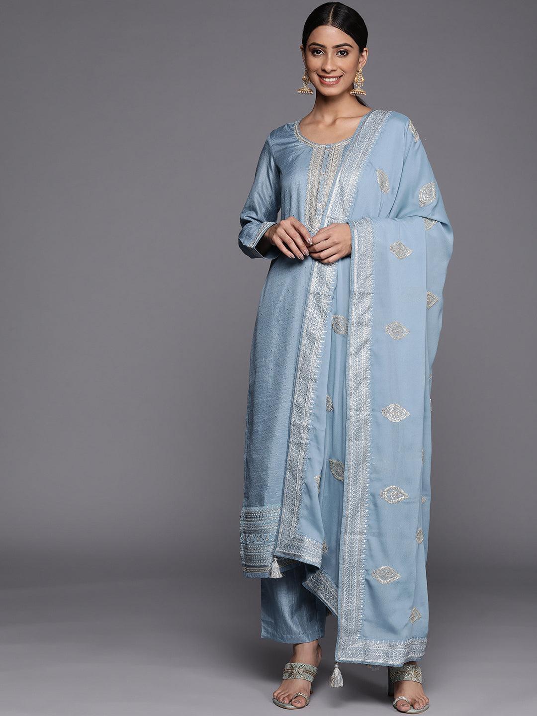 Blue Embroidered Silk Blend Straight Suit Set