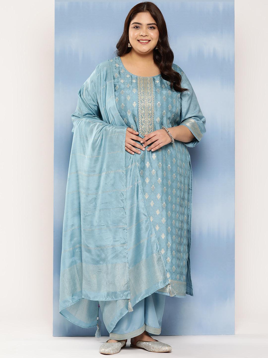 Blue Embroidered Silk Blend Straight Kurta With Trousers and Dupatta - Libas