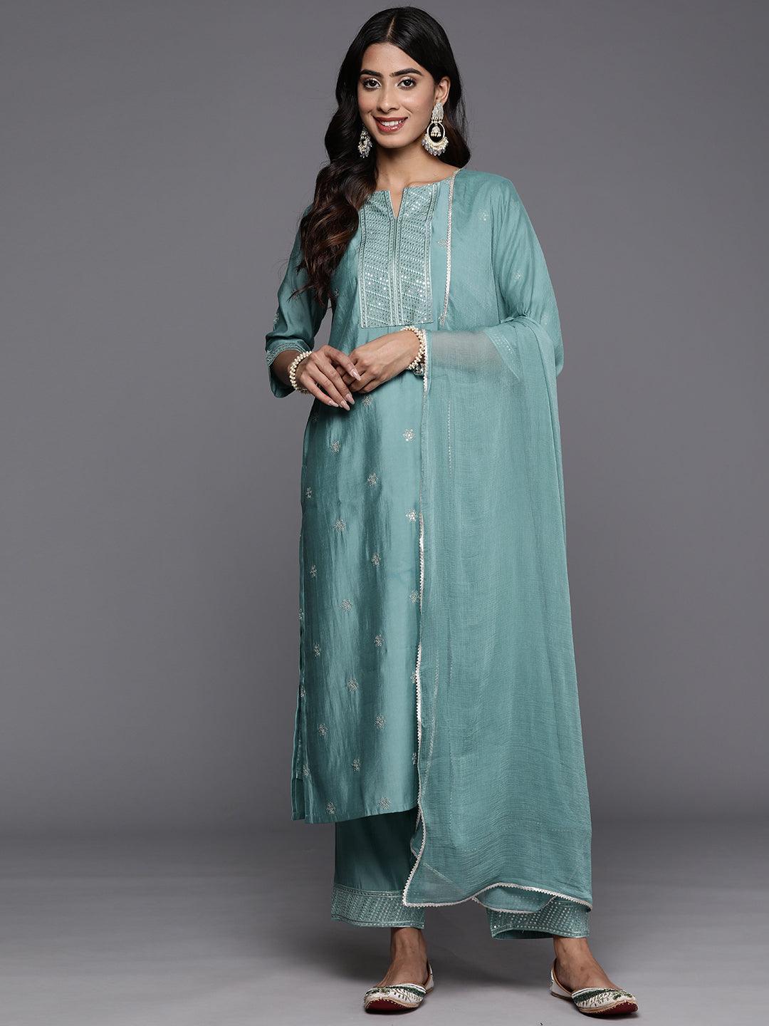 Blue Embroidered Silk Blend Straight Kurta With Trousers & Dupatta