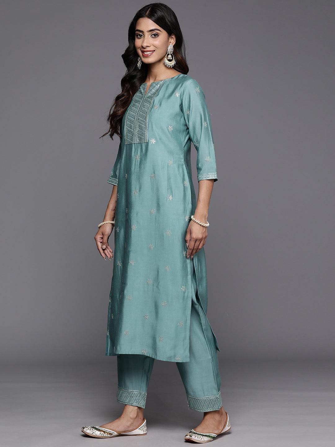 Blue Embroidered Silk Blend Straight Kurta With Trousers & Dupatta - Libas