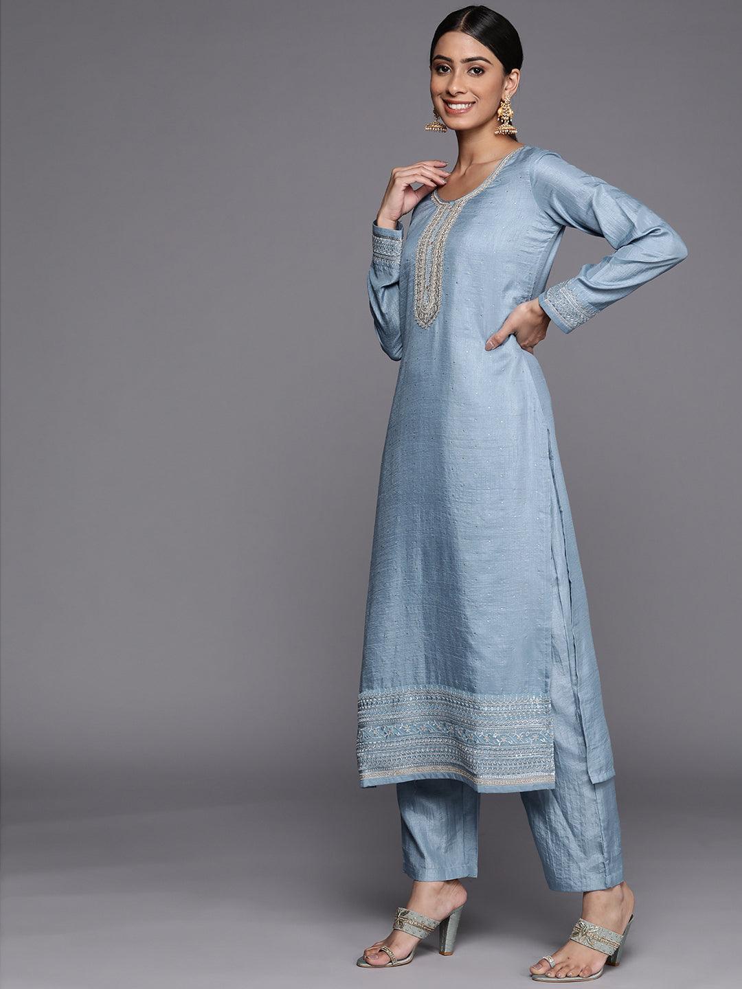 Blue Embroidered Silk Blend Straight Suit Set