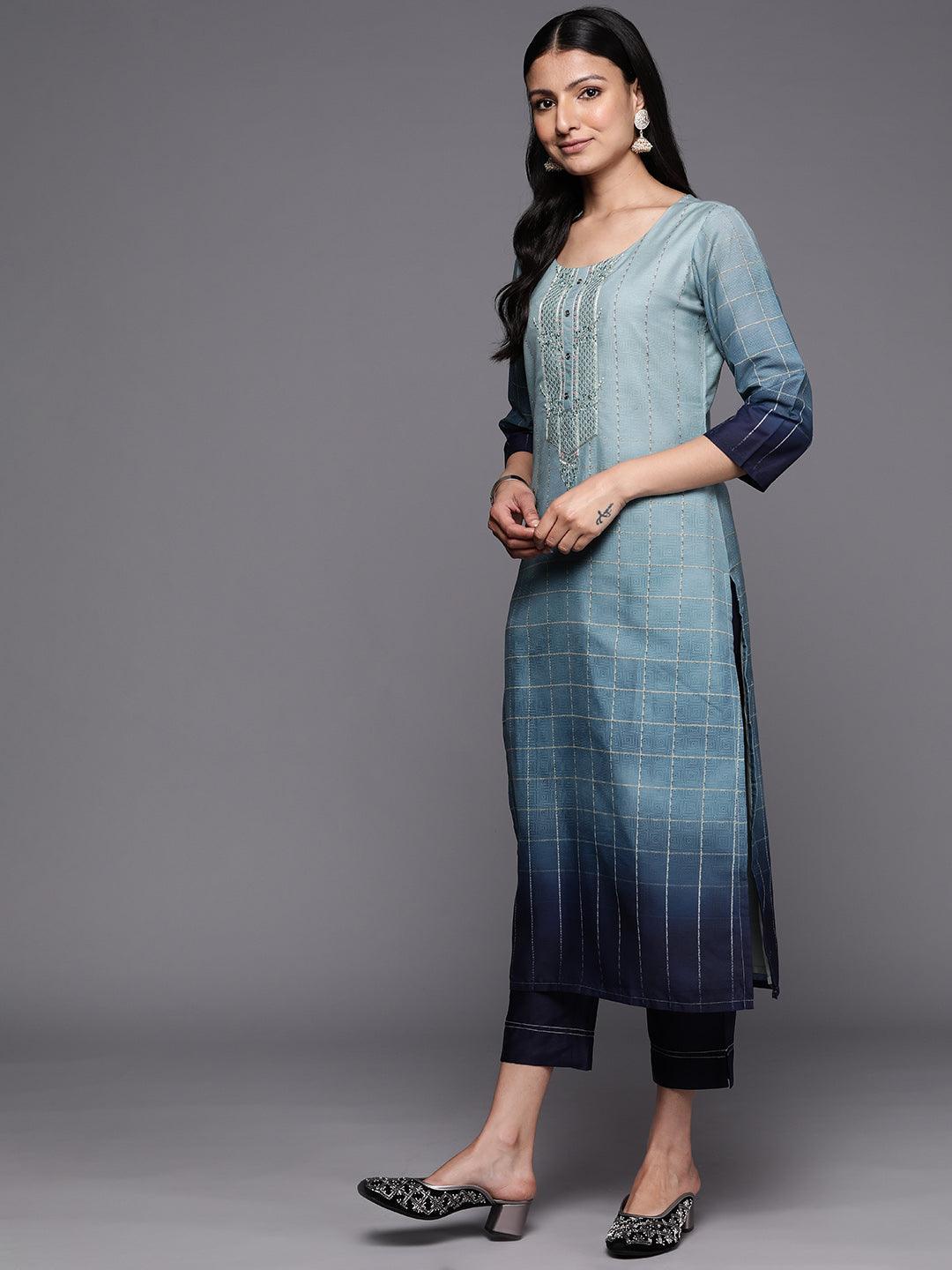 Blue Embroidered Silk Blend Straight Suit Set With Trousers - ShopLibas