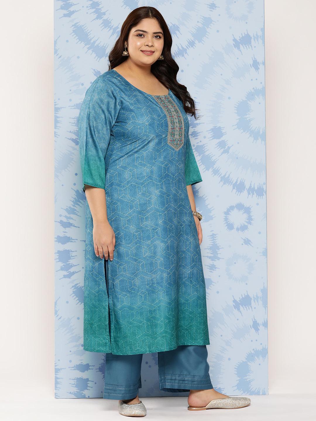 Blue Embroidered Silk Blend Straight Kurta With Trousers and Dupatta - Libas