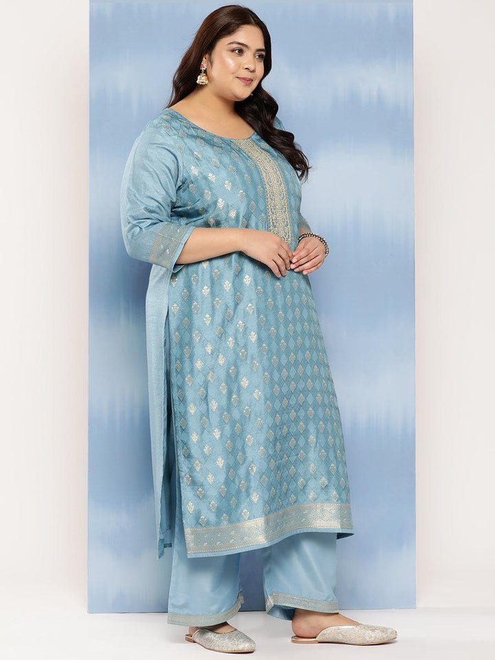 Blue Embroidered Silk Blend Straight Kurta With Trousers and Dupatta - Libas