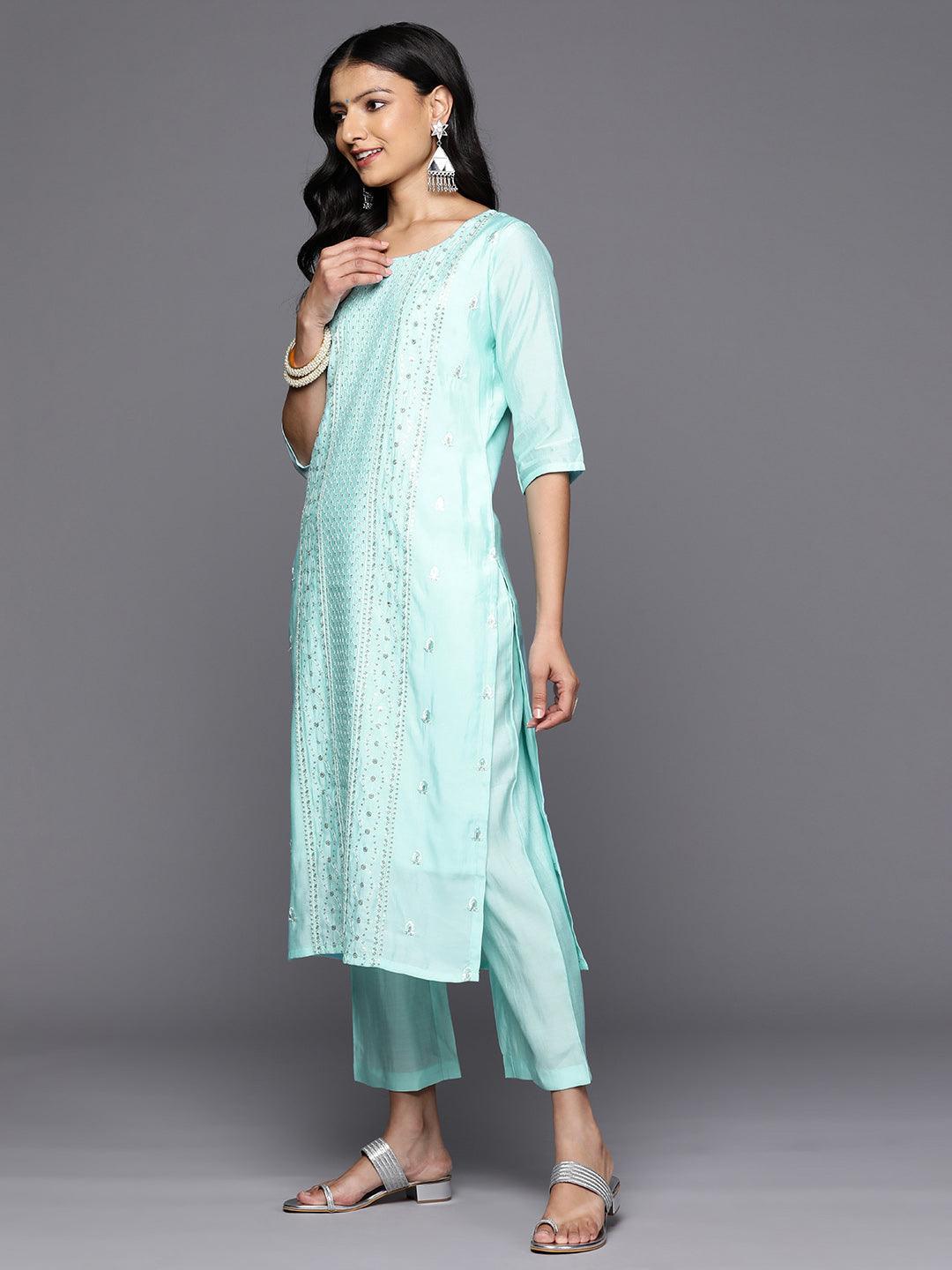 Blue Embroidered Silk Blend Straight Kurta With Trousers & Dupatta - Libas