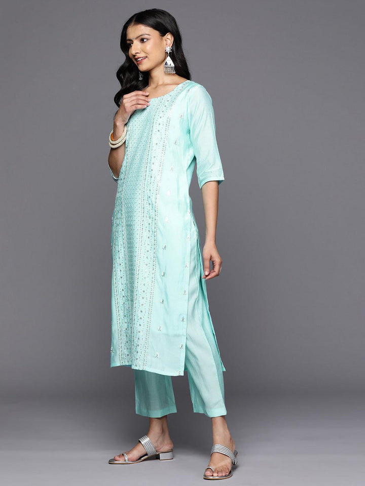 Blue Embroidered Silk Blend Straight Kurta With Trousers & Dupatta - Libas