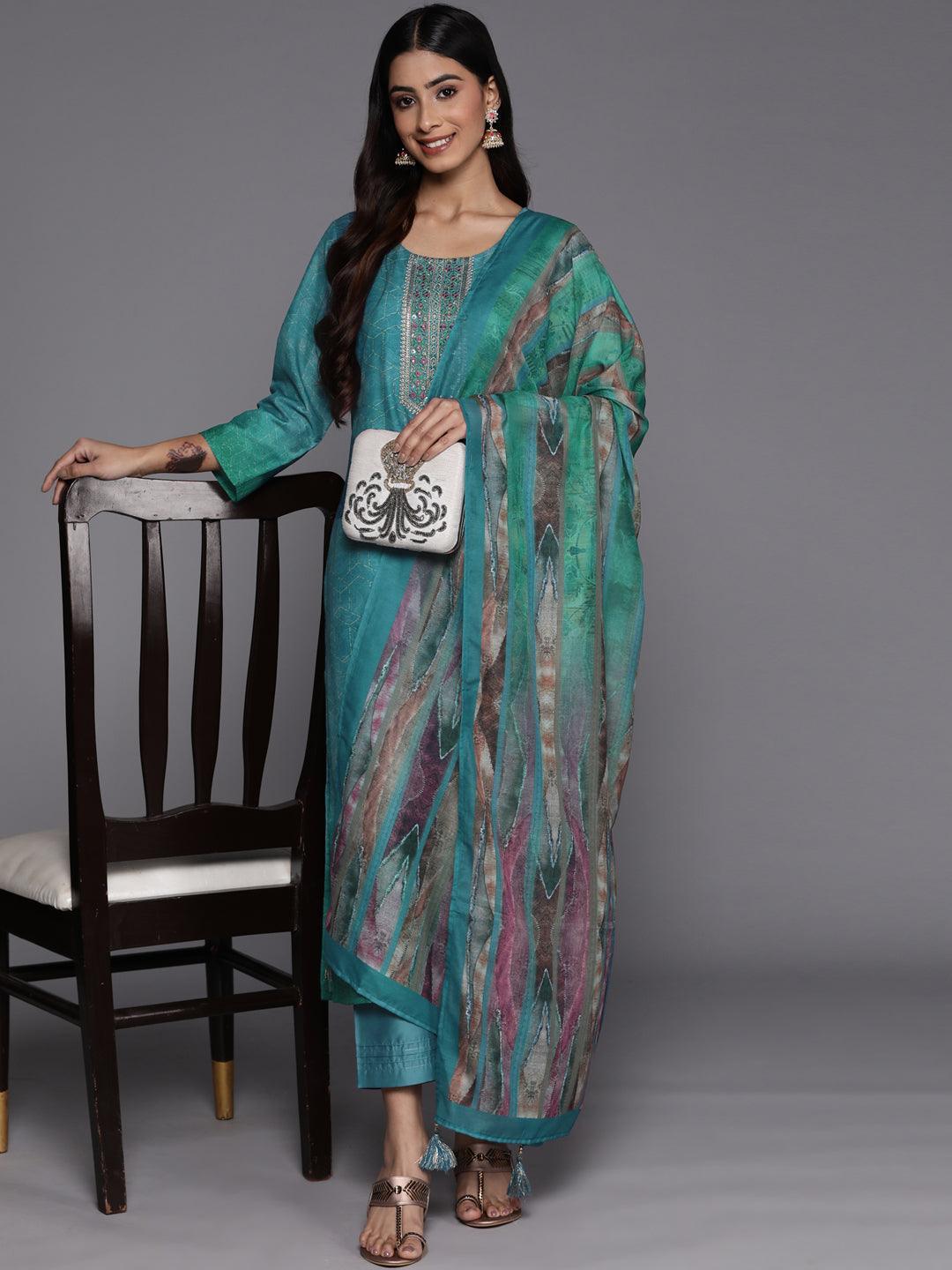 Blue Embroidered Silk Blend Suit Set With Trousers - ShopLibas