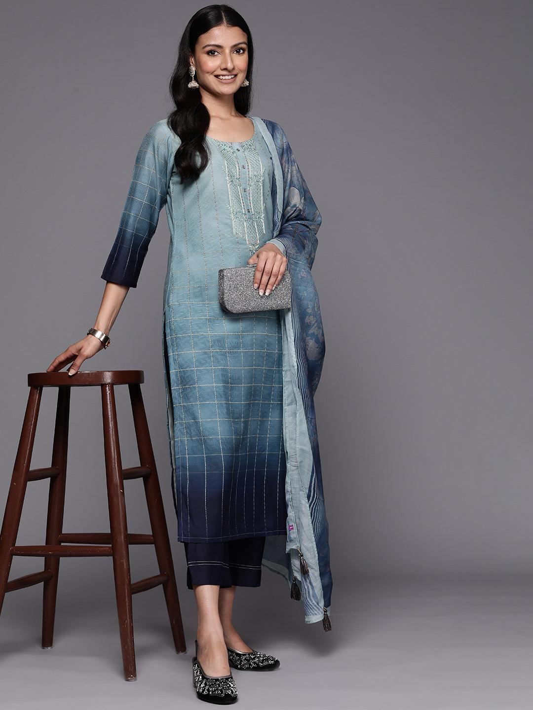 Blue Embroidered Silk Blend Straight Suit Set With Trousers - ShopLibas