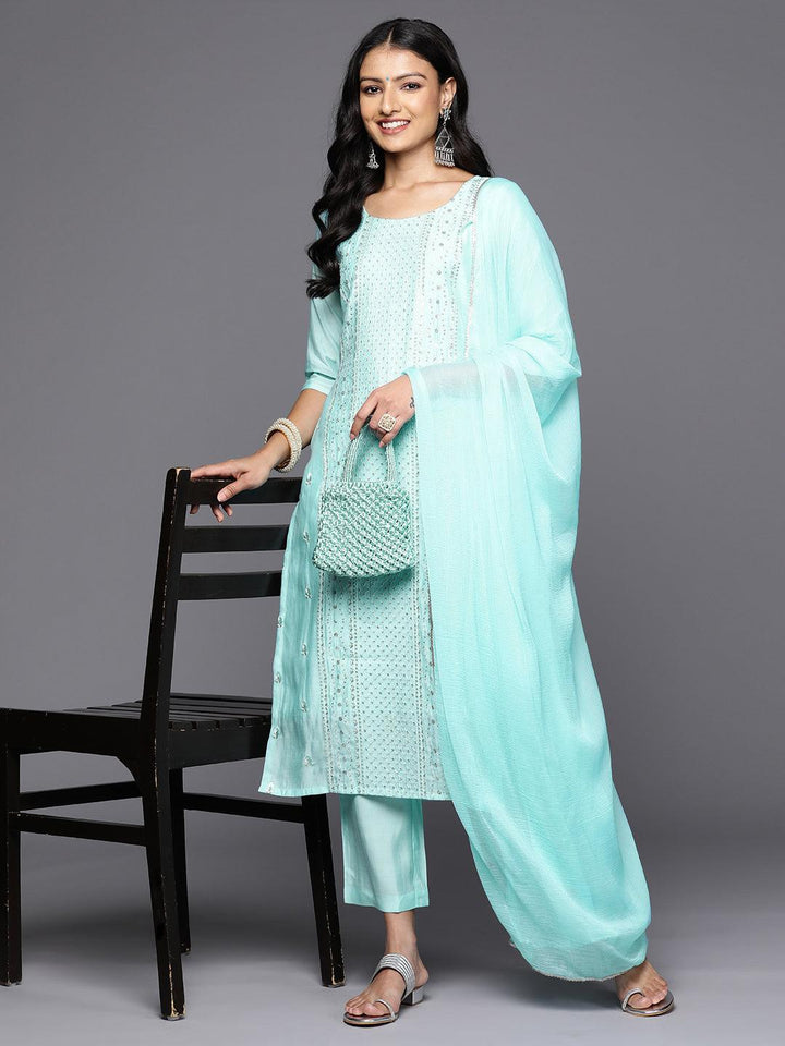 Blue Embroidered Silk Blend Straight Kurta With Trousers & Dupatta - Libas