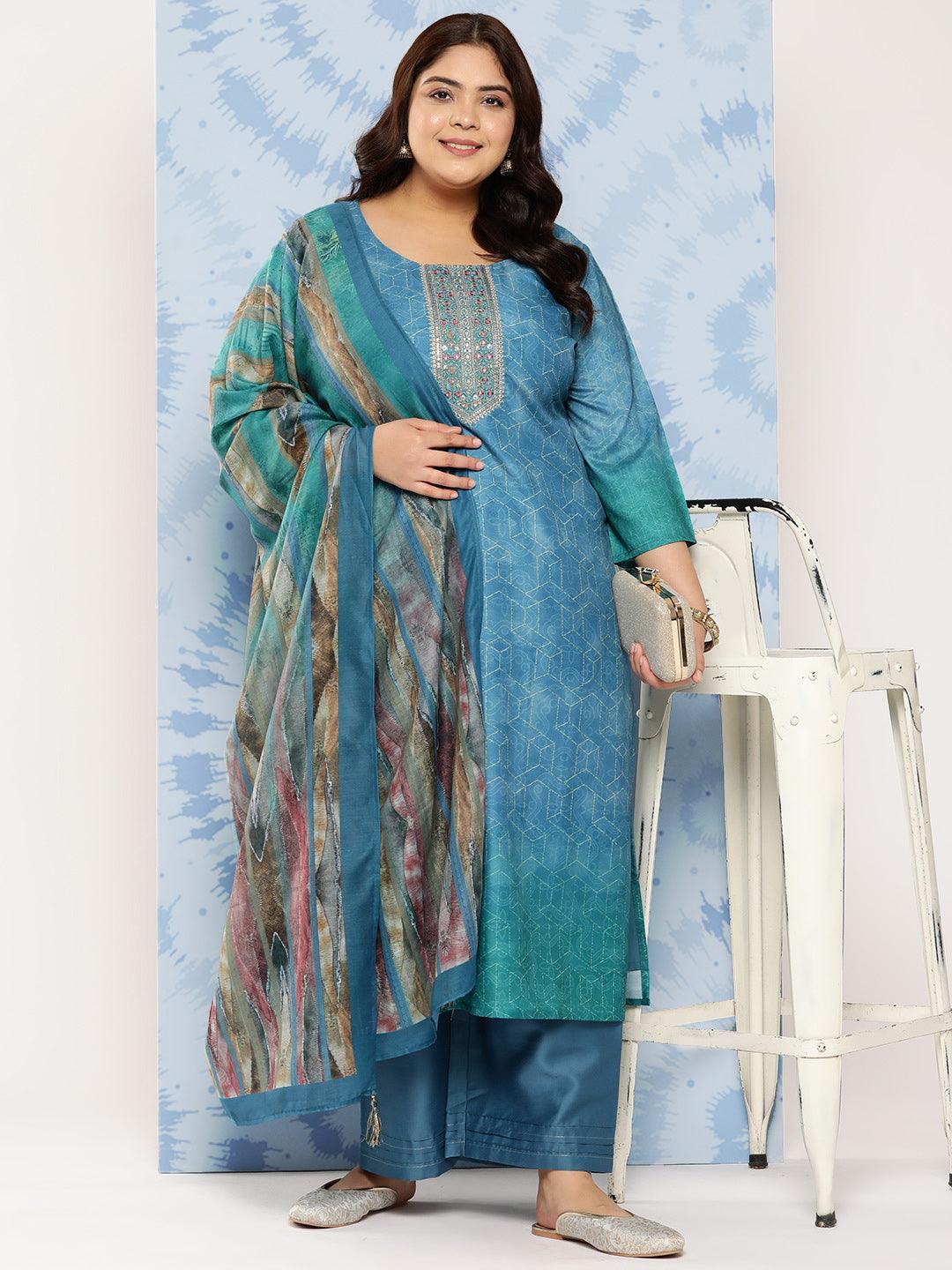 Blue Embroidered Silk Blend Straight Kurta With Trousers and Dupatta - Libas