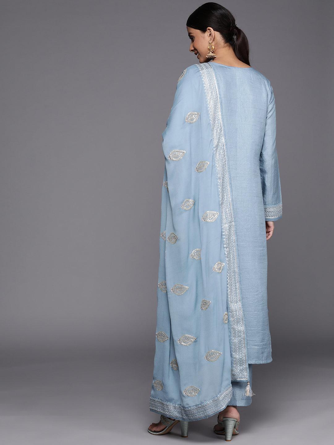 Blue Embroidered Silk Blend Straight Suit Set