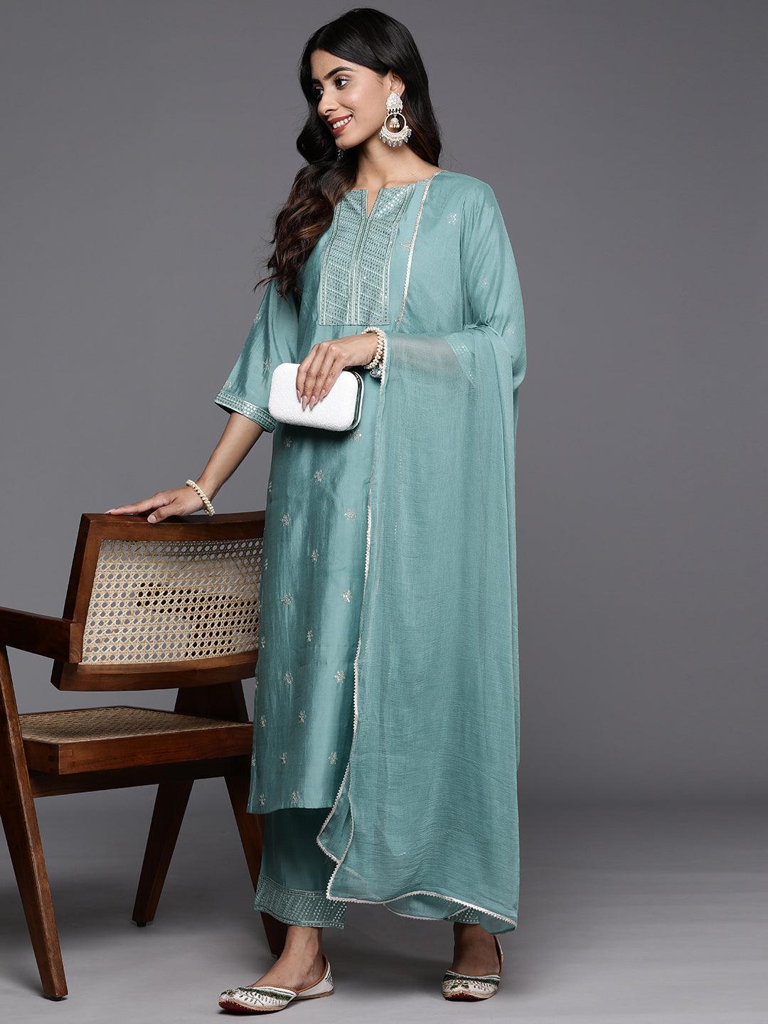 Blue Embroidered Silk Blend Straight Kurta With Trousers & Dupatta - Libas