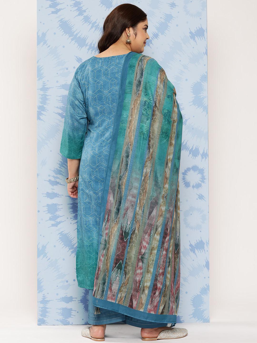 Blue Embroidered Silk Blend Straight Kurta With Trousers and Dupatta - Libas