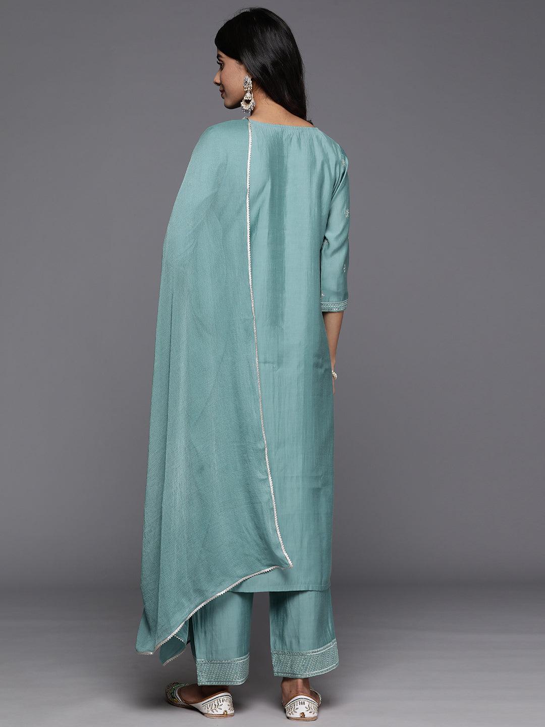 Blue Embroidered Silk Blend Straight Kurta With Trousers & Dupatta