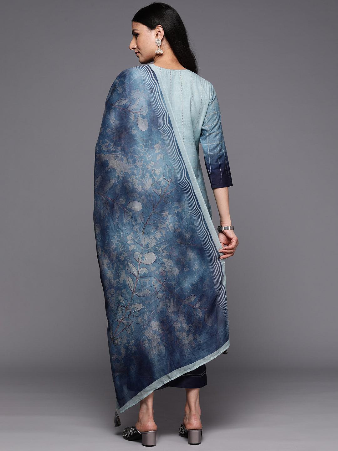 Blue Embroidered Silk Blend Straight Suit Set With Trousers - ShopLibas