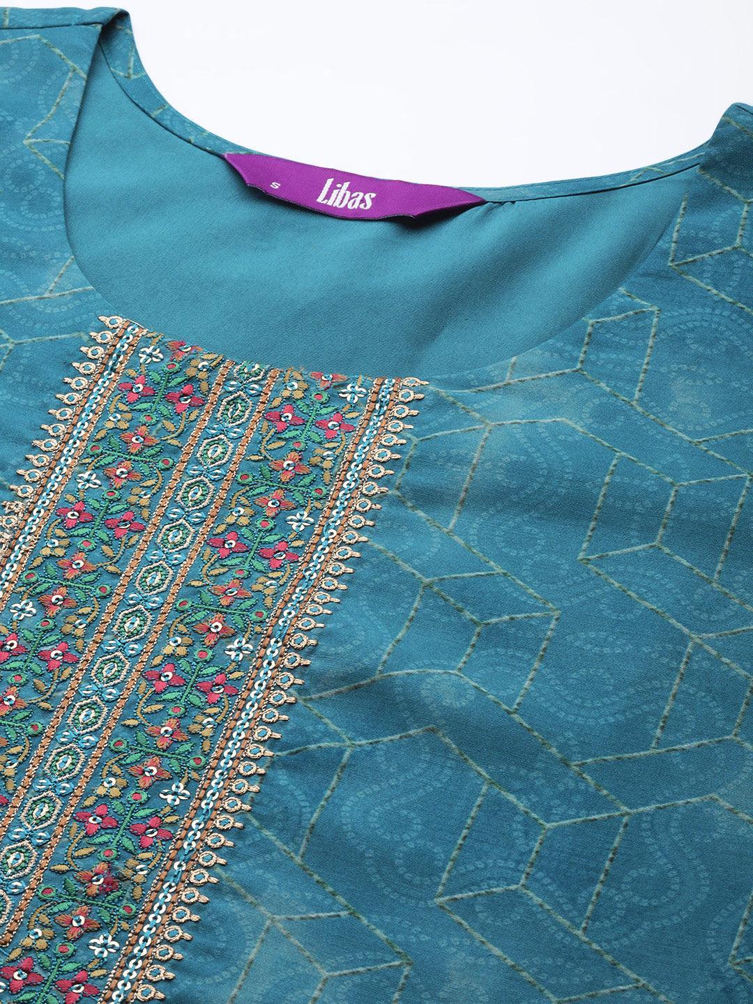 Blue Embroidered Silk Blend Suit Set With Trousers - ShopLibas