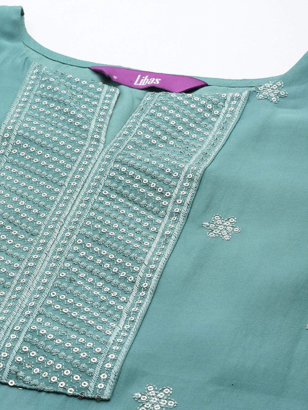 Blue Embroidered Silk Blend Straight Kurta With Trousers & Dupatta