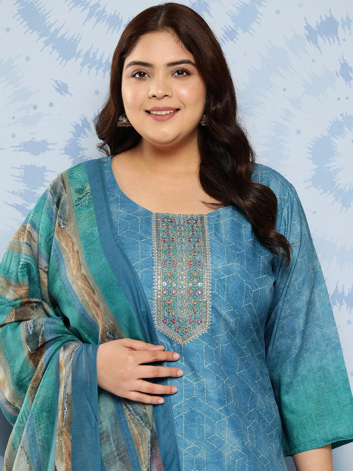 Blue Embroidered Silk Blend Straight Kurta With Trousers and Dupatta - Libas