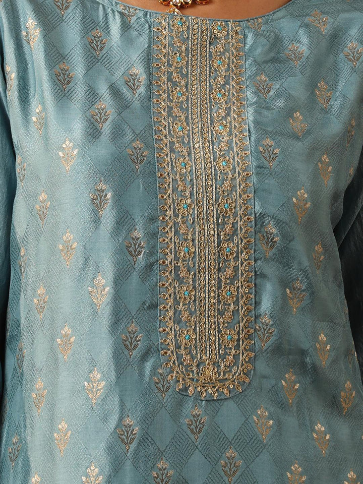 Blue Embroidered Silk Blend Suit Set With Trousers - ShopLibas