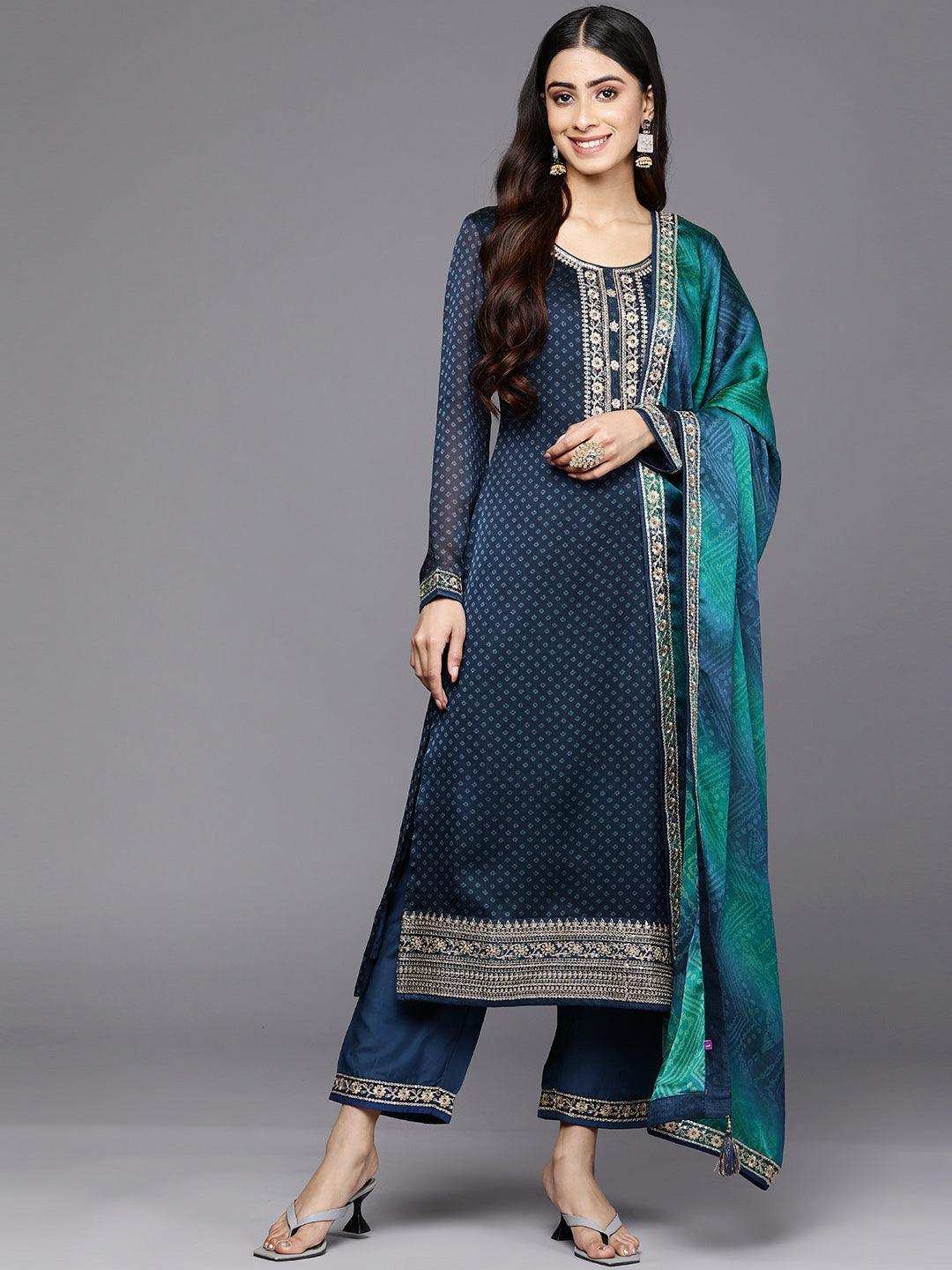 Blue Printed Chiffon Straight Suit Set With Trousers