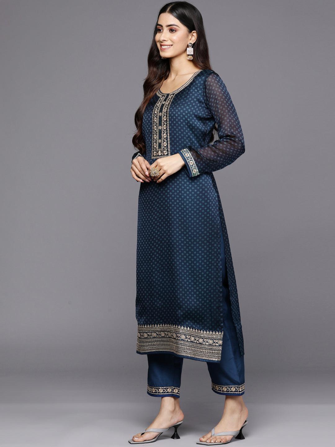 Blue Printed Chiffon Straight Suit Set With Trousers