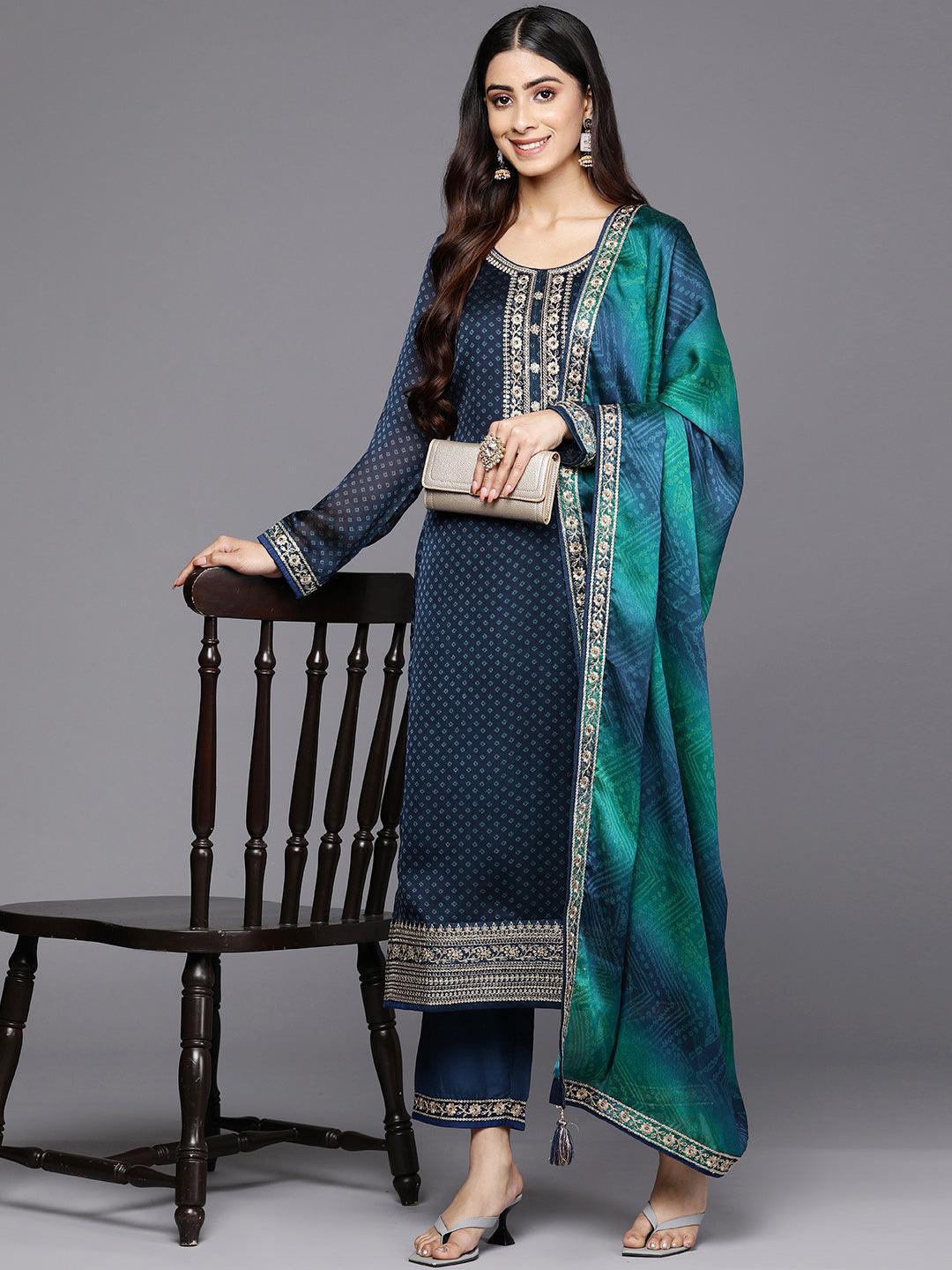 Blue Printed Chiffon Straight Suit Set With Trousers