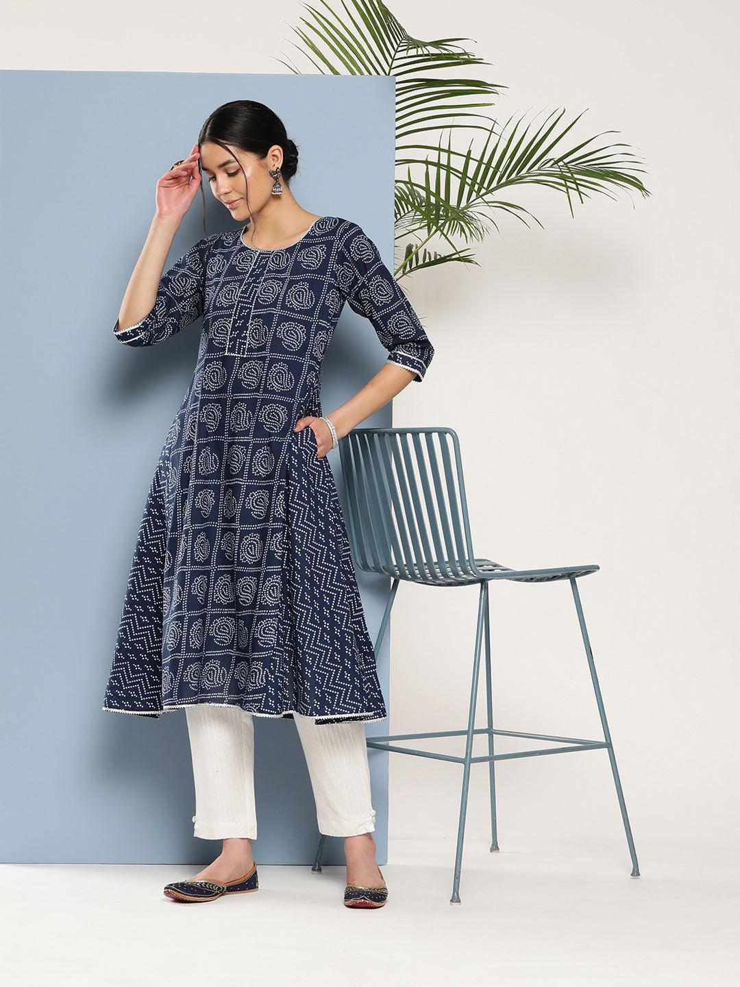 Blue Printed Cotton A-Line Kurta