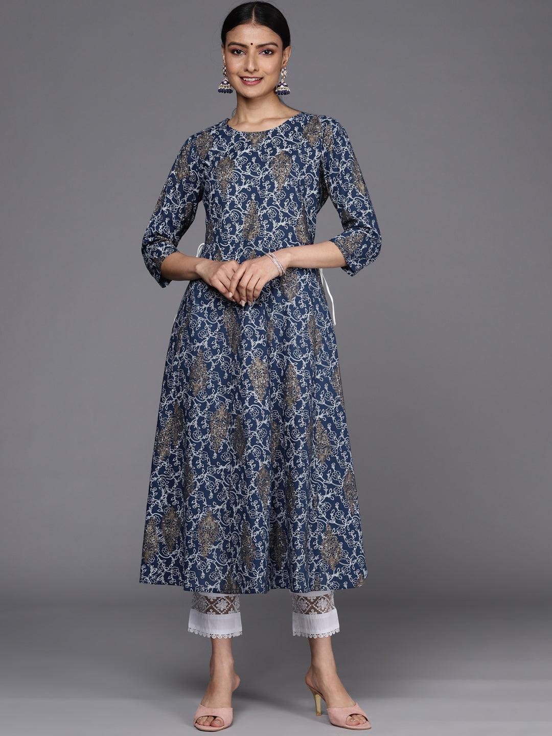 Blue Printed Cotton A-Line Kurta - ShopLibas