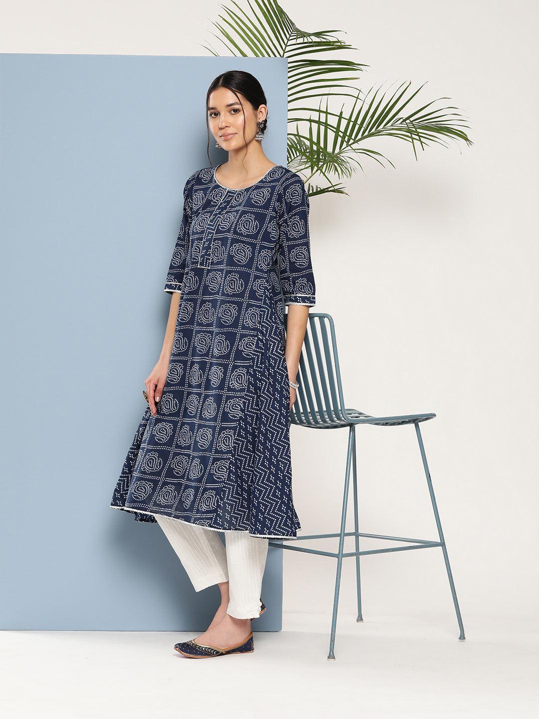 Blue Printed Cotton A-Line Kurta