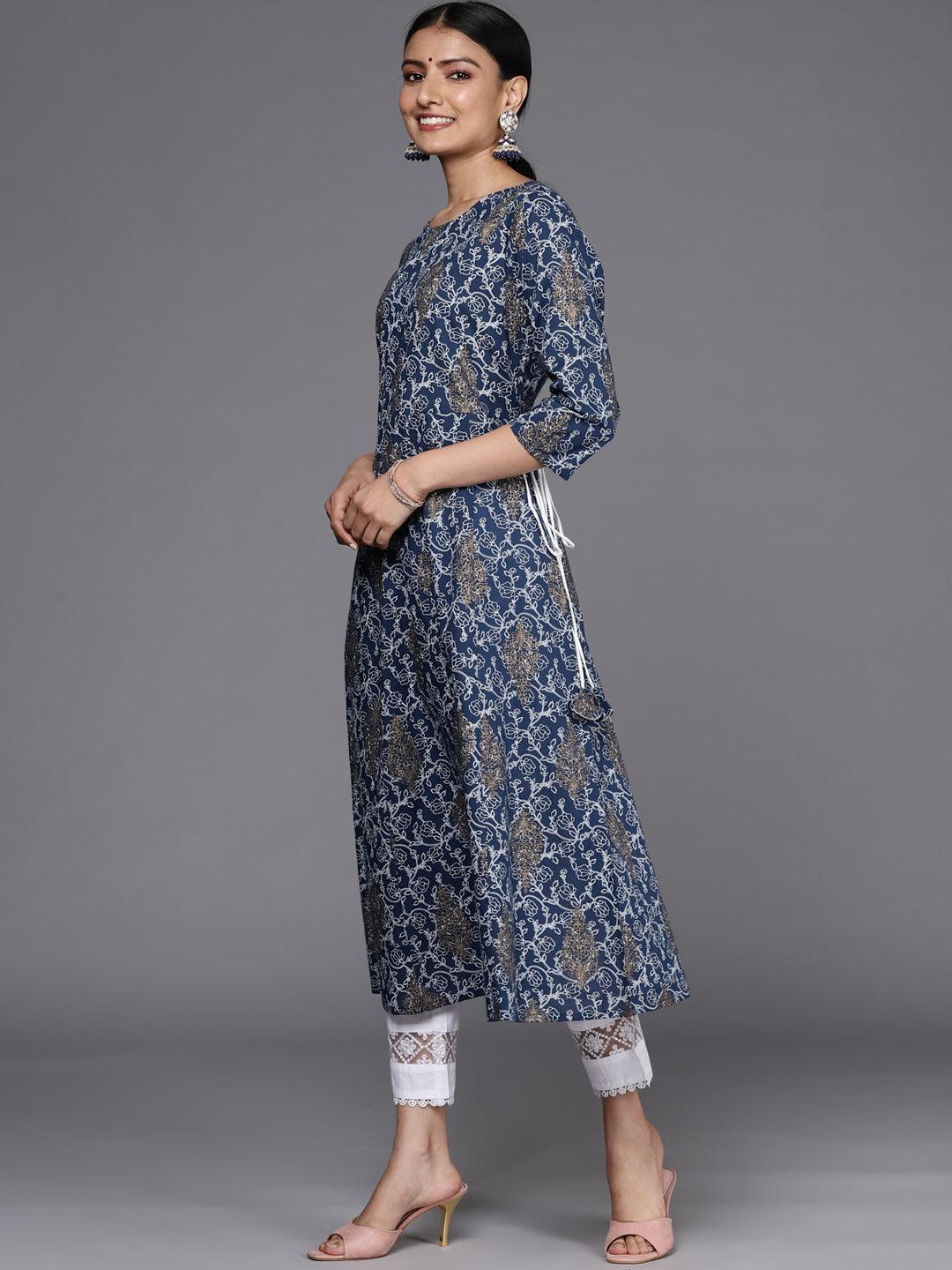 Blue Printed Cotton A-Line Kurta - ShopLibas