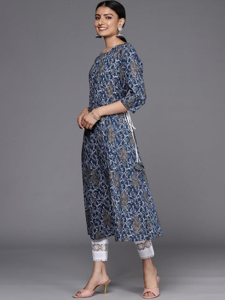 Blue Printed Cotton A-Line Kurta - ShopLibas