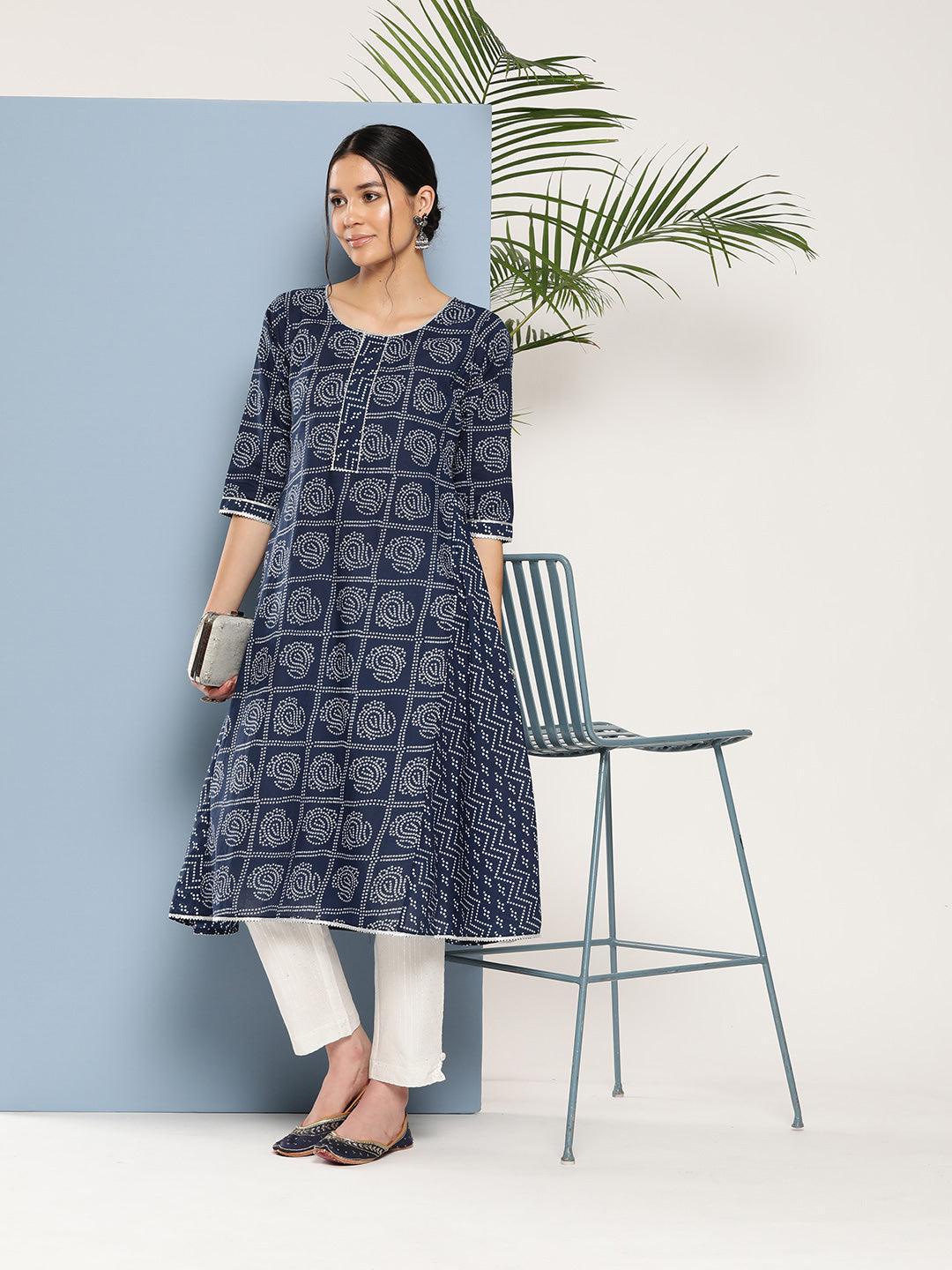 Blue Printed Cotton A-Line Kurta