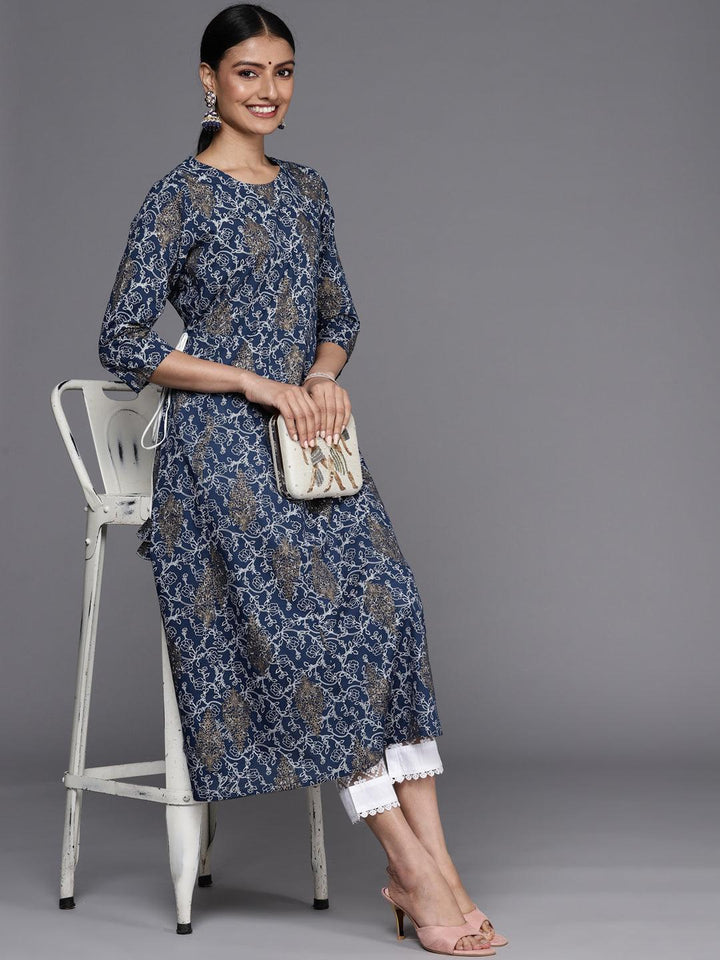 Blue Printed Cotton A-Line Kurta - ShopLibas