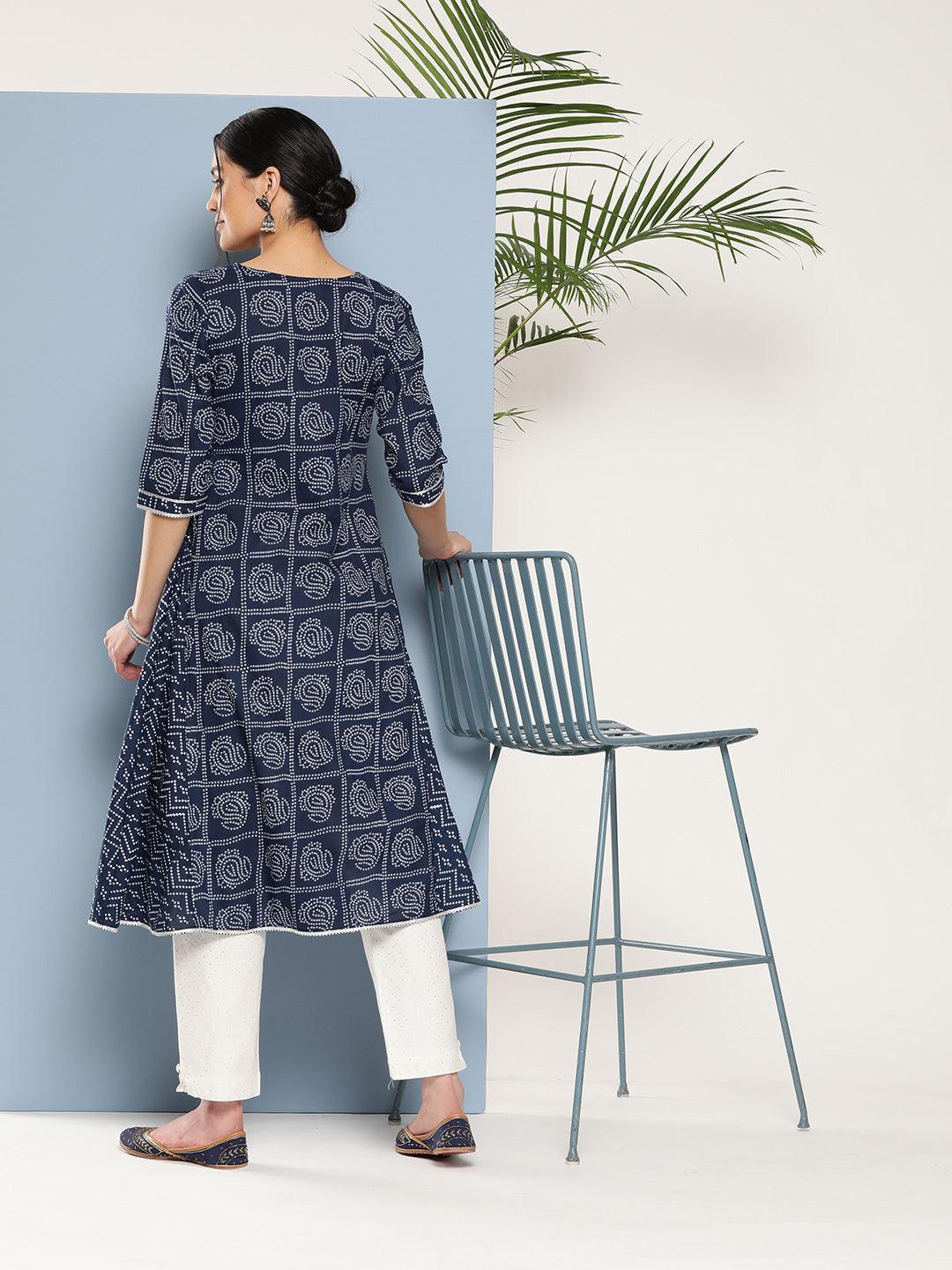 Blue Printed Cotton A-Line Kurta