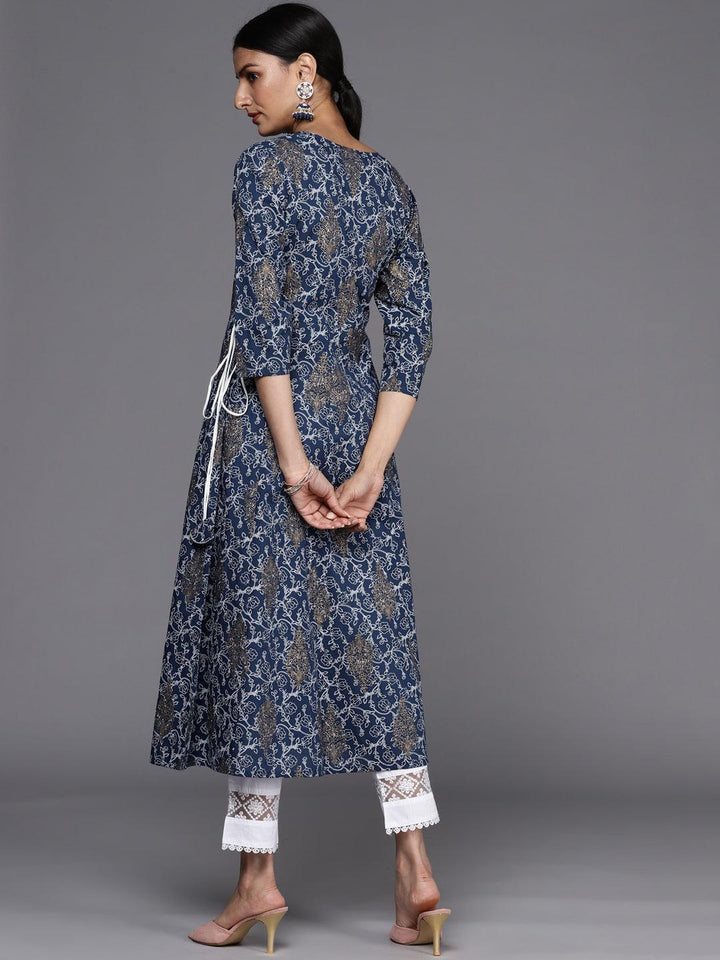 Blue Printed Cotton A-Line Kurta - ShopLibas