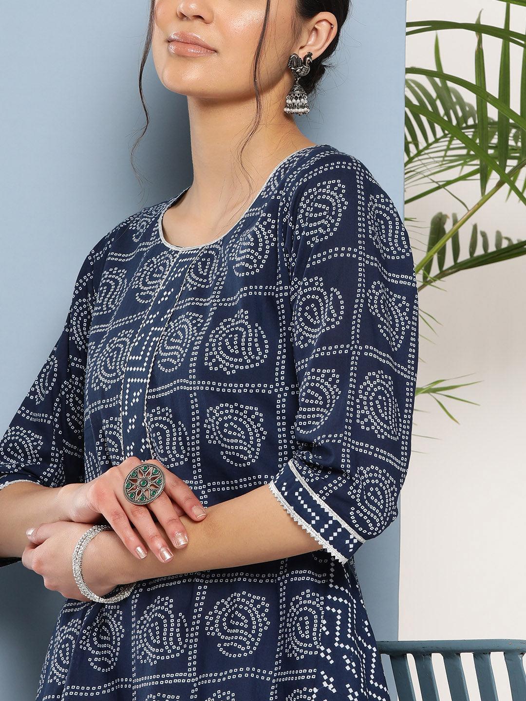 Blue Printed Cotton A-Line Kurta