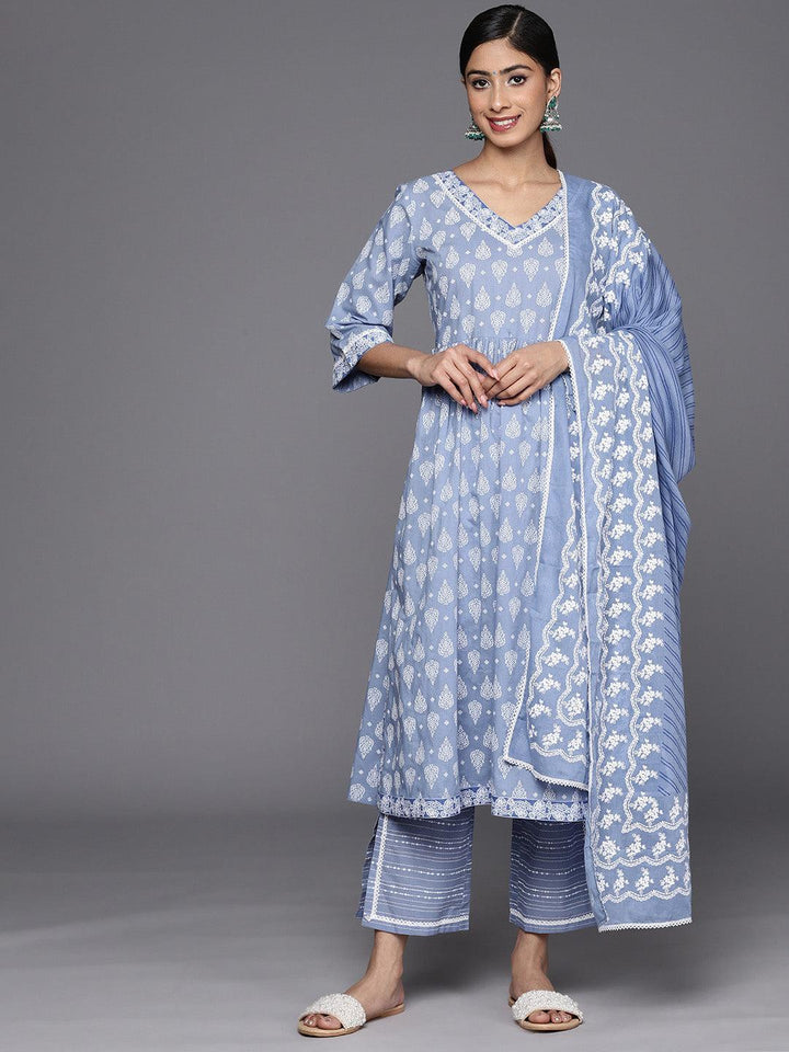 Blue Printed Cotton A-Line Suit Set With Trousers - ShopLibas