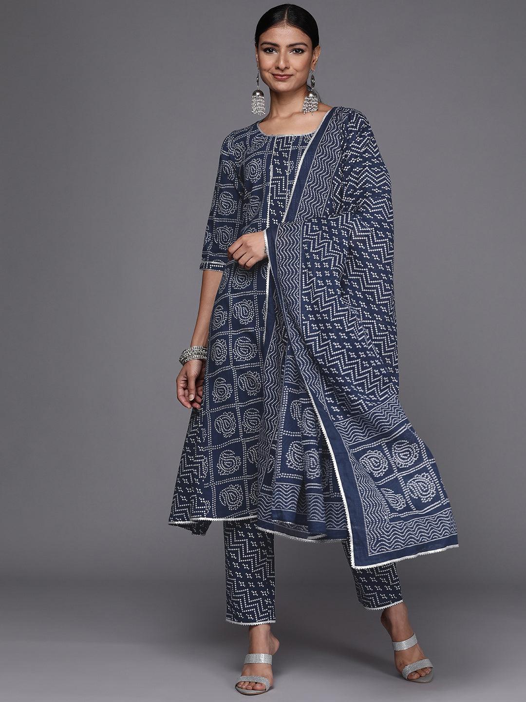 Blue Printed Cotton A-Line Suit Set