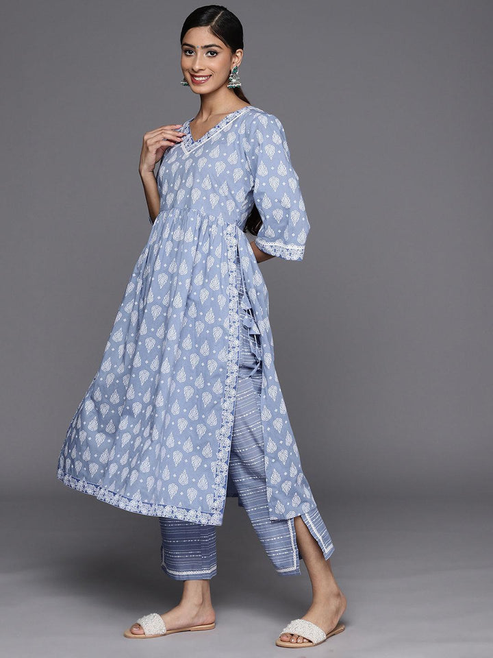 Blue Printed Cotton A-Line Suit Set With Trousers - ShopLibas